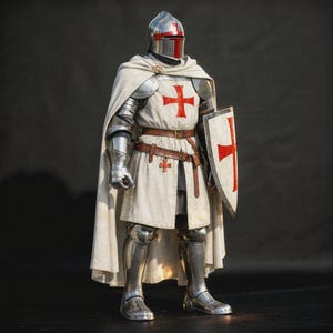 May include: A full suit of medieval armor, including a helmet, chest plate, and leg guards. The white tunic features a large red cross, and the shield also displays a red cross. A white cape is draped over the shoulders.