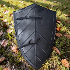 Op de afbeelding: Een zwart schild met een bladachtig ontwerp en twee leren riemen. Het schild is gemaakt van een donker materiaal en ligt op gras met gevallen bladeren.