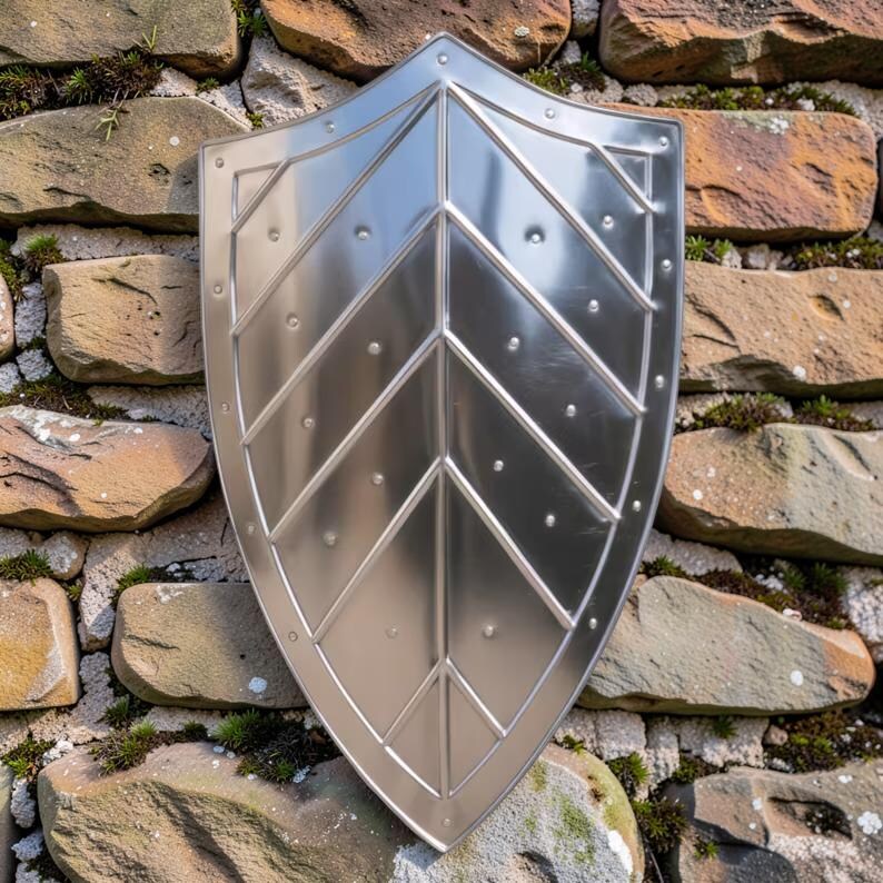 Op de afbeelding: Een zilverkleurig schild met een puntige onderkant en een chevron-ontwerp. Het schild heeft een reflecterend oppervlak en is bevestigd aan een stenen muur. Langs de randen van het schild zijn kleine klinknagels zichtbaar.