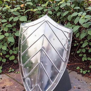 Op de afbeelding: Een glanzend, zilverkleurig metalen schild met een puntige top en een geometrisch ontwerp. Het schild heeft een reeks verhoogde, schuine lijnen en kleine klinknagels langs de randen. Het schild wordt gepresenteerd tegen een achtergrond van groen gebladerte.