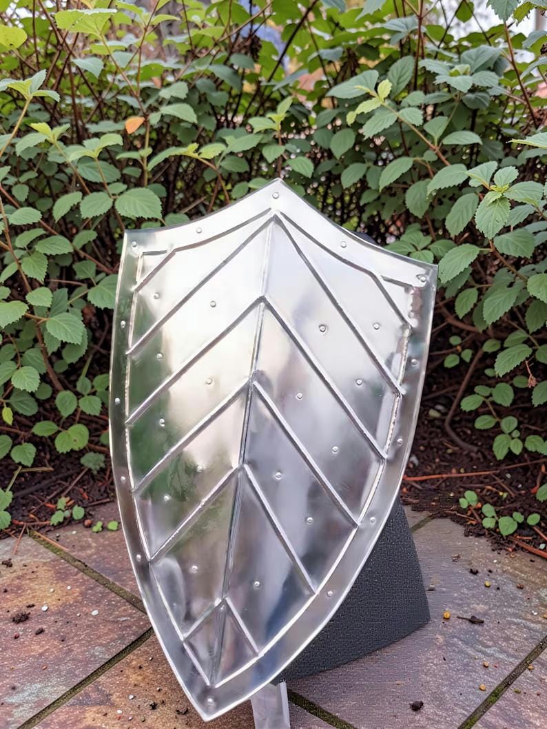 Op de afbeelding: Een glanzend, zilverkleurig metalen schild met een puntige top en een geometrisch ontwerp. Het schild heeft een reeks verhoogde, schuine lijnen en kleine klinknagels langs de randen. Het schild wordt gepresenteerd tegen een achtergrond van groen gebladerte.
