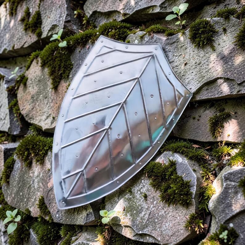 Op de afbeelding: Een zilverkleurig schild met een bladvorm, gemonteerd op een stenen muur bedekt met groen mos. Het schild heeft een decoratieve, geklonken rand en een centraal bladerpatroon met geometrische lijnen.