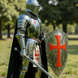 Könnte beinhalten: Eine vollständige Rüstung aus poliertem Stahl, einschließlich Helm, Brustpanzer sowie Arm- und Beinschutz. Der Ritter hält ein Schwert und einen Schild mit rotem Kreuzemblem. Ein schwarzer Umhang ist über den Schultern drapiert. Die Rüstung wird im Freien getragen.