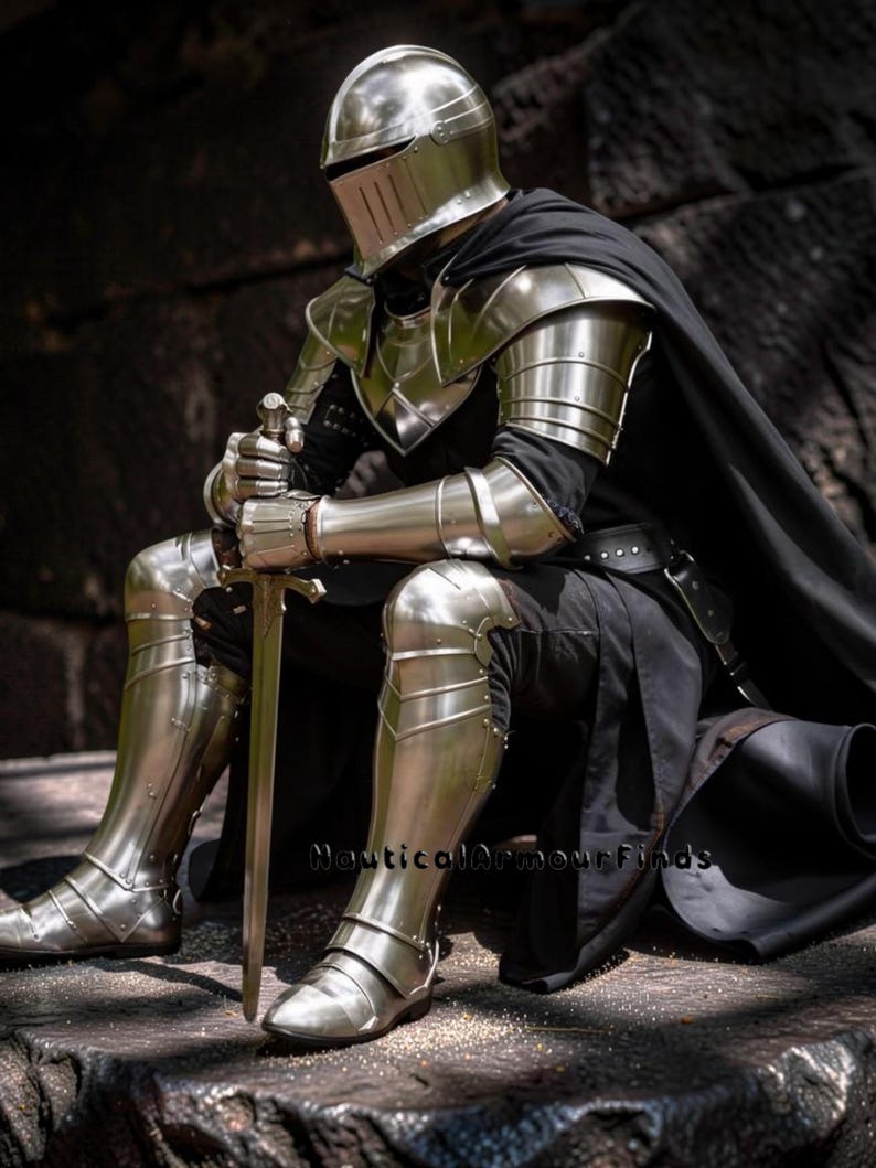 May include: A full suit of polished steel armor, including a helmet, shoulder guards, and leg protection. The knight is seated, holding a sword. A black cape drapes over the shoulders. The armor reflects the surrounding environment. The text "Nautical Armour Finds" is visible.