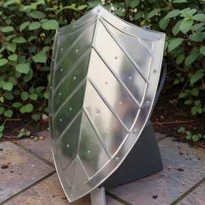 Op de afbeelding: Een zilverkleurig metalen schild met een bladachtig ontwerp. Het schild heeft een gebogen vorm en is langs de randen geklonken. Aan de achterkant is een zwarte riem zichtbaar. Het schild wordt buiten gepresenteerd tegen een achtergrond van groen gebladerte.