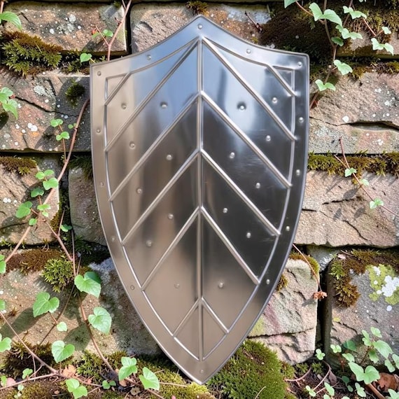 Polished Steel Medieval Heater Shield – Leaf Chevron Knight Armor for LARP Cosplay