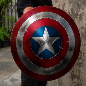 May include: A circular shield featuring a central silver star on a blue background, surrounded by alternating red and silver rings. The surface has a weathered, metallic finish with visible scratches and scuffs across the red and silver sections.