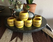 Wooden Napkin Rings, Set of 6, Made in the Philippines, Hand Painted Yellow with Vine-Like Garland Band, Bohemian Dining Decor, Patio Dining