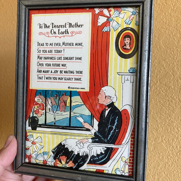 Vintage "Dearest Mother on Earth" 1930's Framed Sentiment by Robinson Bros., Gift for Mother Framed with Glass, Bright Vibrant Colored Print