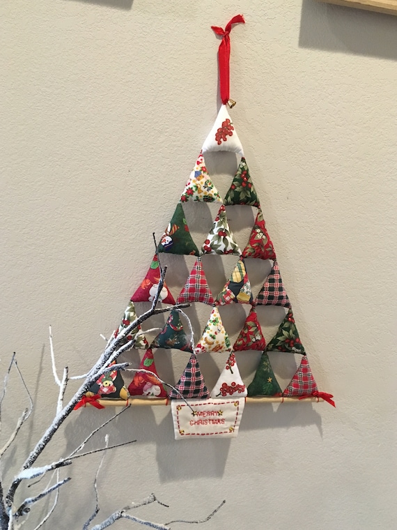 Textile-Art Tree Handcrafted Quilt Style Christmas Decor Triangular Puffy Pillow Christmas Tree Wall Decor CottageCabin Decor Folk Art