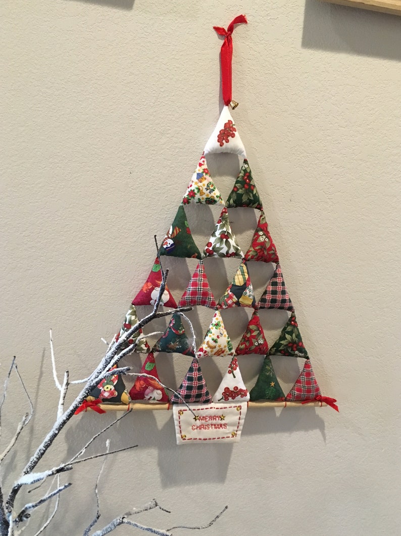 Textile-Art Tree Handcrafted Quilt Style Christmas Decor Triangular Puffy Pillow Christmas Tree Wall Decor CottageCabin Decor Folk Art