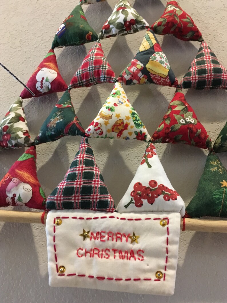 Textile-Art Tree Handcrafted Quilt Style Christmas Decor Triangular Puffy Pillow Christmas Tree Wall Decor CottageCabin Decor Folk Art
