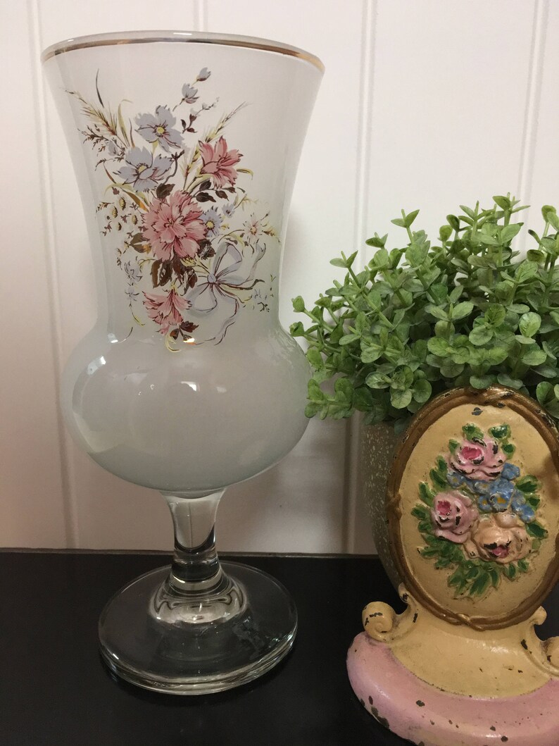 White Frosted Glass Pedestal Vase With Pink Flowers Etsy