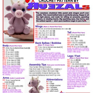 May include: A crochet pattern for a pastel pink dragon, titled "Chubby Snuggle Dragon." The pattern includes instructions for the body, wings, tail, and other features. The dragon has large eyes and small horns.