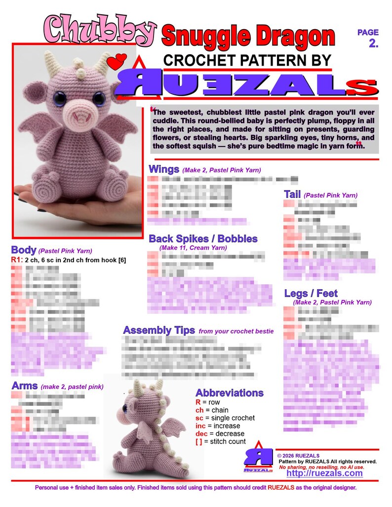 May include: A crochet pattern for a pastel pink dragon, titled "Chubby Snuggle Dragon." The pattern includes instructions for the body, wings, tail, and other features. The dragon has large eyes and small horns.
