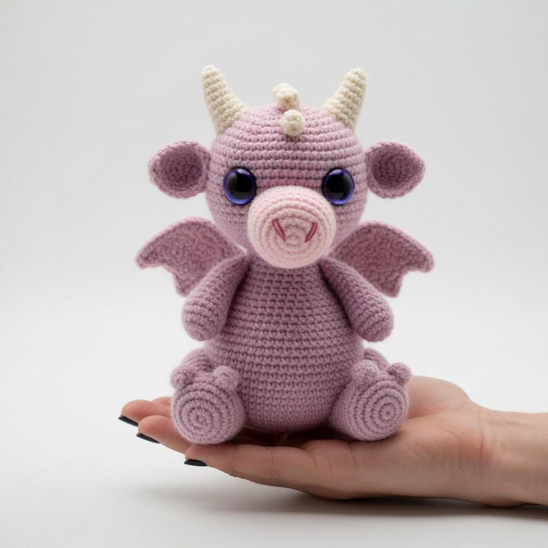 May include: A crocheted dragon plushie in shades of pink and light pink. The dragon has large, dark blue eyes, small wings, and cream-colored horns. It is sitting on a hand.