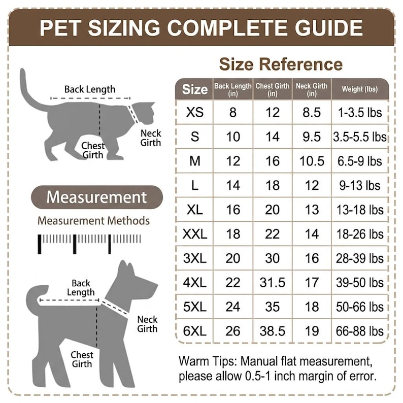 May include: A pet sizing complete guide chart featuring silhouettes of a cat and a dog with labeled back length, chest girth, and neck girth. A table provides size references from XS to 6XL with measurements in inches and weight in pounds.