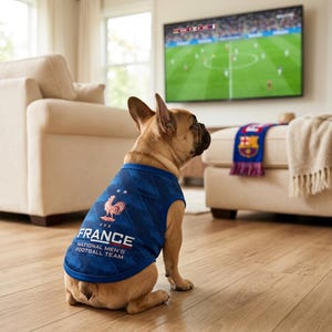 May include: A tan French Bulldog wearing a blue sleeveless pet shirt featuring a diagonal pattern, the FFF logo, and the text "FRANCE NATIONAL MEN'S FOOTBALL TEAM" in white and red lettering, viewed from the back while facing a television screen.