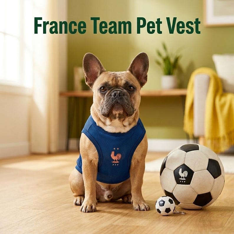May include: A blue mesh pet vest featuring the France team logo with a rooster and two stars, worn by a fawn French Bulldog. The text France Team Pet Vest is displayed above. A large black and white football and a small football keychain sit nearby.