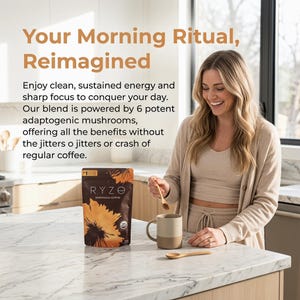 May include: A woman smiles while preparing a mushroom coffee drink. The image features a bag of RYZE mushroom coffee, a two-tone mug, and wooden spoons. Text on the bag reads "RYZE Mushroom Coffee." The text in the image says "Your Morning Ritual, Reimagined."
