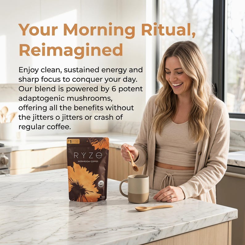 May include: A woman smiles while preparing a mushroom coffee drink. The image features a bag of RYZE mushroom coffee, a two-tone mug, and wooden spoons. Text on the bag reads "RYZE Mushroom Coffee." The text in the image says "Your Morning Ritual, Reimagined."