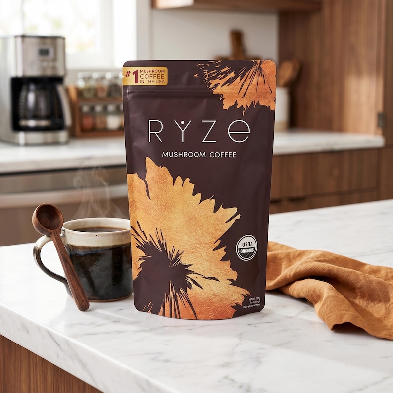 May include: A dark brown bag of RYZE Mushroom Coffee with a large yellow floral design. The bag is on a white countertop next to a mug of coffee and a wooden spoon. The text "Mushroom Coffee in the USA" is visible.