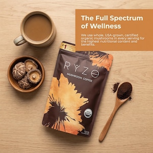 May include: A top-down shot features a bag of RYZE Mushroom Coffee, a wooden spoon with coffee grounds, a cup of coffee, and a small wooden bowl with mushrooms. The bag has a brown and orange design with the text "RYZE MUSHROOM COFFEE".
