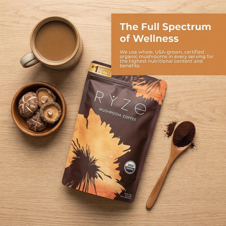 May include: A top-down shot features a bag of RYZE Mushroom Coffee, a wooden spoon with coffee grounds, a cup of coffee, and a small wooden bowl with mushrooms. The bag has a brown and orange design with the text "RYZE MUSHROOM COFFEE".