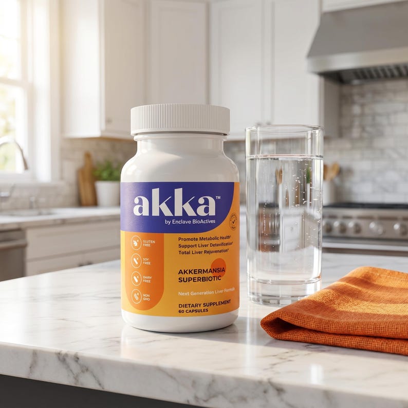 K&ouml;nnte beinhalten: Eine wei&szlig;e Erg&auml;nzungsmittelflasche mit einem blau-orangen Etikett mit der Aufschrift "akka" und "AKKERMANSIA SUPERBIOTIC". Ein Glas Wasser und ein orangefarbenes Tuch befinden sich neben der Flasche. Auf dem Etikett steht, dass das Erg&auml;nzungsmittel ein Nahrungserg&auml;nzungsmittel mit 60 Kapseln ist.
