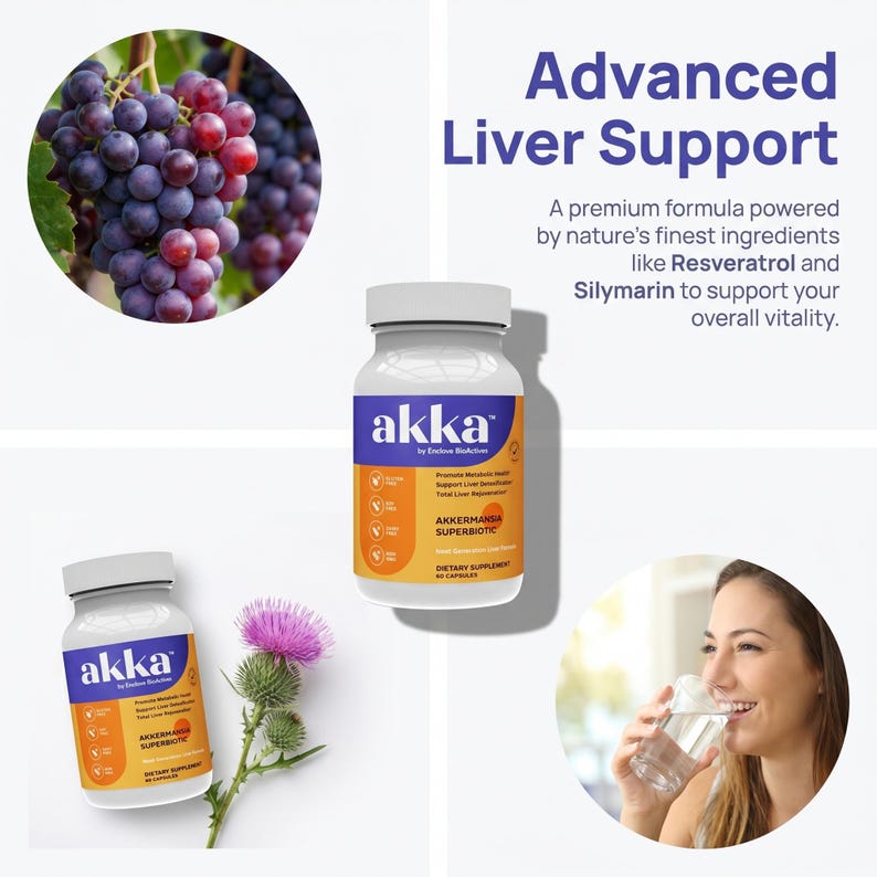 K&ouml;nnte beinhalten: Das Bild zeigt eine Flasche "akka" Akkermansia Superbiotic mit dem Text "Advanced Liver Support". Au&szlig;erdem sind Trauben, eine Distel und eine Frau, die Wasser trinkt, zu sehen. Das Produkt unterst&uuml;tzt die Lebergesundheit.