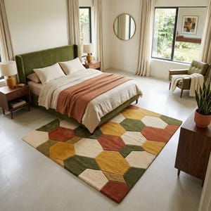 Modern geometrisch vloerkleed | Rechthoekig tapijt met zeshoekige patchwork in aardetinten | Handgetuft design vloerkleed | Decoratiemat voor de woonkamer