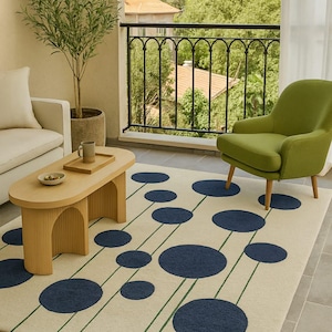 Hand Tufted Wool Rug, Abstract Circle Pattern Rug, Cream & Navy Blue Wool Carpet, Modern Scandinavian Decor, Living Room Rug, decor rug,