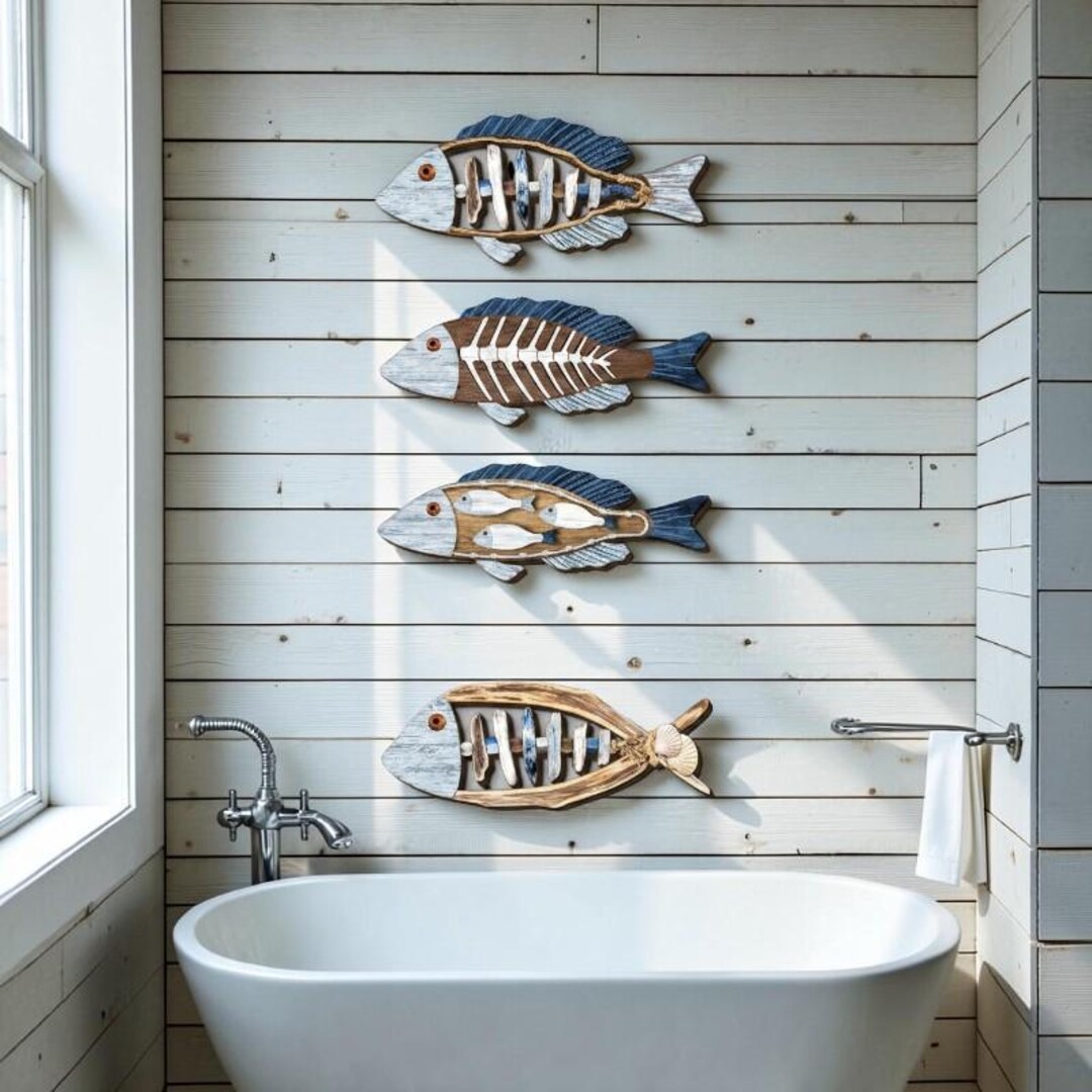 Coastal Fish Wall Decor Set Wooden Nautical Wall Art Beach House ...