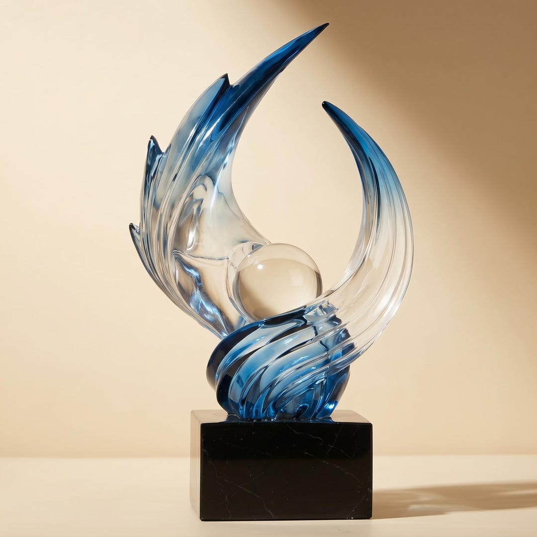Blue Abstract Resin Sculpture With Crystal Ball Centerpiece – Modern ...