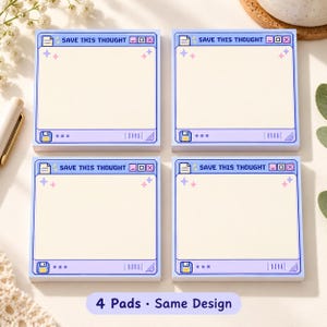 May include: Four square sticky note pads featuring a light purple computer window interface design. Each pad displays the text "SAVE THIS THOUGHT" at the top, a floppy disk icon, and small star graphics on a cream-colored writing surface.