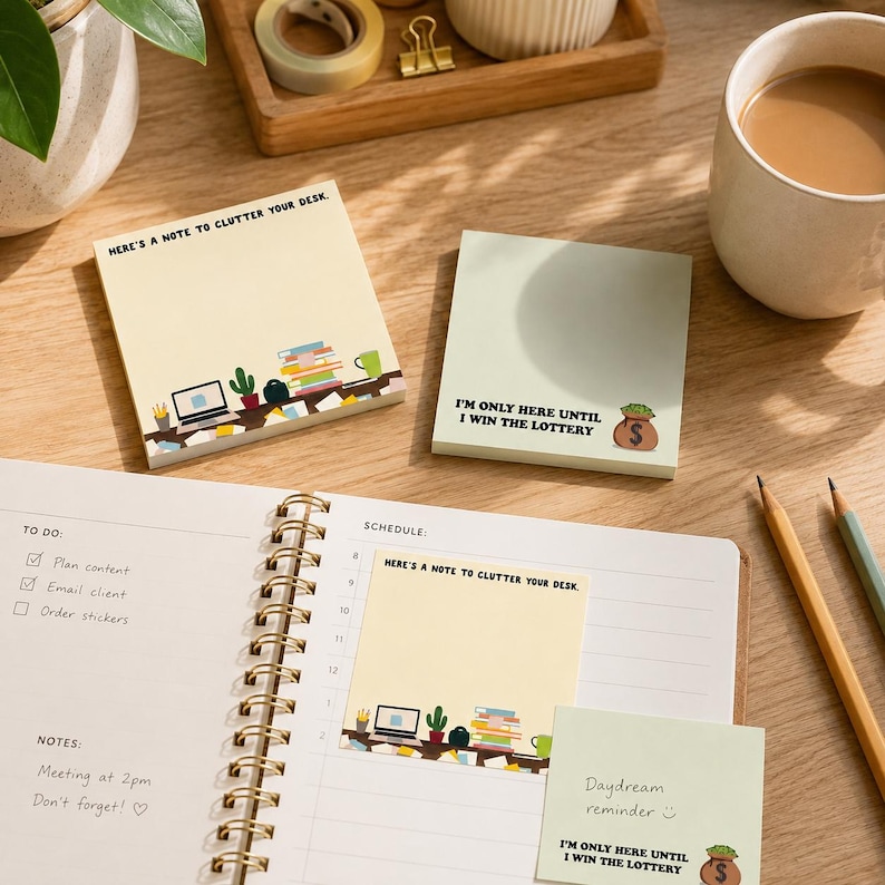 May include: Two square sticky note pads with illustrations. One is cream-colored with the text "HERE'S A NOTE TO CLUTTER YOUR DESK" and a desk graphic. The other is light green with the text "I'M ONLY HERE UNTIL I WIN THE LOTTERY" and a money bag.