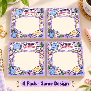 May include: Four square sticky note pads with a purple border featuring the text "CURRENTLY BUFFERING" and illustrations of a computer, coffee mug, books, and stationery. The center of each pad is a blank cream-colored space for writing notes.