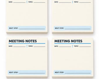 May include: Four square off-white sticky note pads arranged in a grid. Each pad features the text MEETING NOTES in dark blue, with lines for DATE and TOPIC, and a light blue highlighted section at the bottom labeled NEXT STEP.