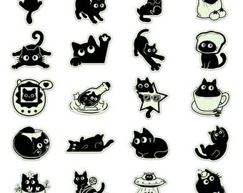 May include: A collection of twenty individual black cat stickers featuring various poses and scenarios, including cats in a teacup, a fishbowl, a plant pot, an ice cream cone, a spaceship, and interacting with objects like a star and a bottle.