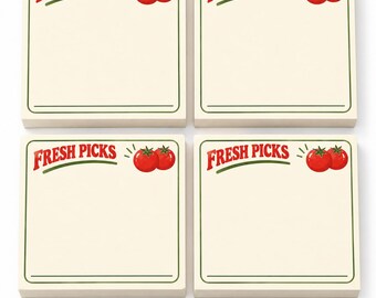 May include: Four square sticky note pads with a cream background and a green border. Each pad features the red text "FRESH PICKS" at the top, accompanied by an illustration of two red tomatoes and a green line accent.