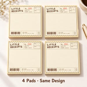 May include: Four square paper note pads with a cream background and dark brown text. Each pad features the header LITTLE RECEIPTS, a No. 0055 field, date and total boxes, a barcode graphic, and the text KEEP GOING ONE LITTLE STEP AT A TIME.