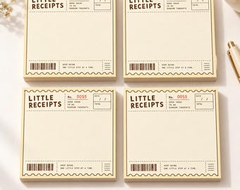 May include: Four square paper note pads with a cream background and dark brown text. Each pad features the header LITTLE RECEIPTS, a No. 0055 field, date and total boxes, a barcode graphic, and the text KEEP GOING ONE LITTLE STEP AT A TIME.