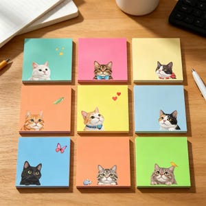 May include: A set of nine square sticky notes arranged in a grid, each featuring a different cat illustration. The notes come in various colors including teal, pink, yellow, orange, and light blue, with cats wearing accessories like bows.