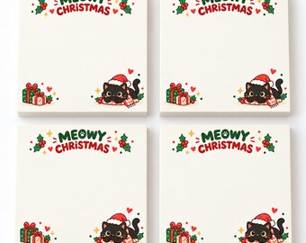 Meowy Christmas Sticky Notes, Set of 4 Black Cat Memo Pads, 50 Sheets Each, Cat Lover Holiday Stationery, Cute Stocking Stuffer