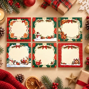 Può includere: Sei blocchetti per appunti quadrati in carta con bordi a tema natalizio. I disegni includono omini di pan di zenzero, un pupazzo di neve, un violino, un orso polare con Babbo Natale su una slitta, una tazza di cioccolata e una baita.