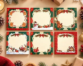May include: Six square paper note pads featuring Christmas-themed borders. Designs include gingerbread men, a snowman, a violin, a polar bear with Santa in a sleigh, a mug of hot cocoa, and a winter cabin, all set against red, green, and cream backgrounds.