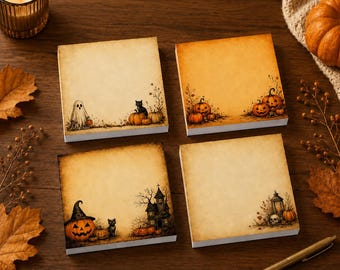 May include: Four square paper note pads with a vintage parchment texture. Each pad features different Halloween illustrations: a ghost and cat, pumpkins, a witch-hat pumpkin and haunted house, and a lantern with a skull and pumpkin.