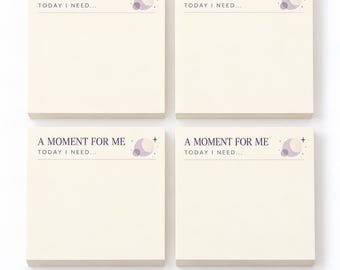 May include: Four square cream-colored sticky note pads arranged in a grid. Each pad features the dark purple text A MOMENT FOR ME and TODAY I NEED above a horizontal line. A small graphic of a crescent moon and stars sits in the top right corner.