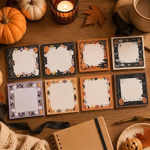 May include: A set of eight square sticky note pads featuring various Halloween-themed borders, including illustrations of pumpkins, ghosts, bats, spiders, and candy. Each pad has a blank white or light-colored center for writing notes.