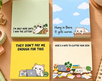 May include: Four square sticky note pads featuring cat illustrations and text. One is light green with a cat in sunglasses, one is blue with clouds and a cat, one is yellow with a cat at a laptop, and one is cream with a cluttered desk scene.